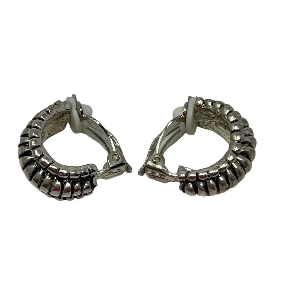 Vintage Clip On‎ Earrings Silver Tone Metal Black Accent Hoops